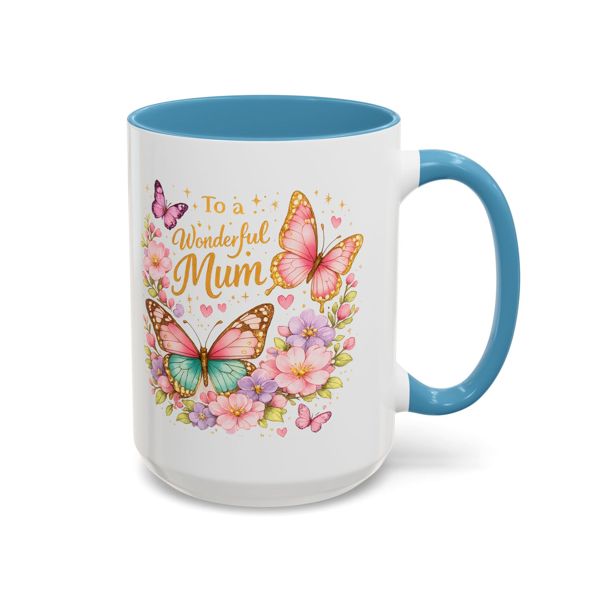 To a Wonderful Mum Coffee Mug, Cute Butterfly Birthday Gift for Mother, Floral Pastel Watercolor Ceramic Tea Cup with Pink Handle, Mum Gift