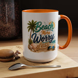 Beach More Worry Less Coffee Mug, Summer Vacation Gift for Ocean Lovers, Cute Tropical Palm Tree Ceramic Tea Cup with Dark Blue Handle