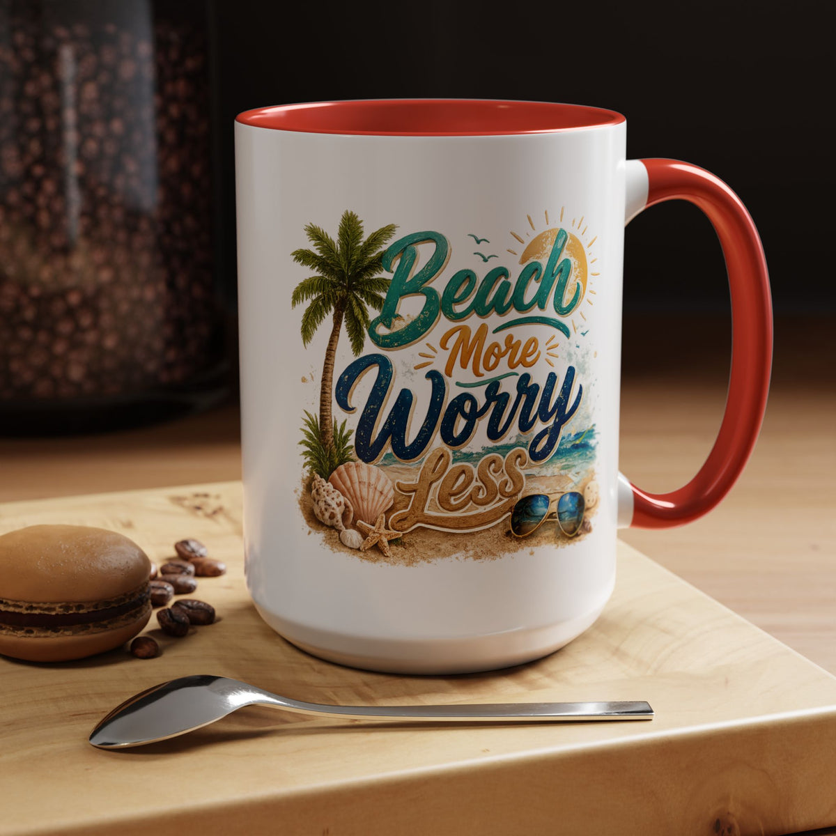 Beach More Worry Less Coffee Mug, Summer Vacation Gift for Ocean Lovers, Cute Tropical Palm Tree Ceramic Tea Cup with Dark Blue Handle
