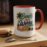 Beach More Worry Less Coffee Mug, Summer Vacation Gift for Ocean Lovers, Cute Tropical Palm Tree Ceramic Tea Cup with Dark Blue Handle