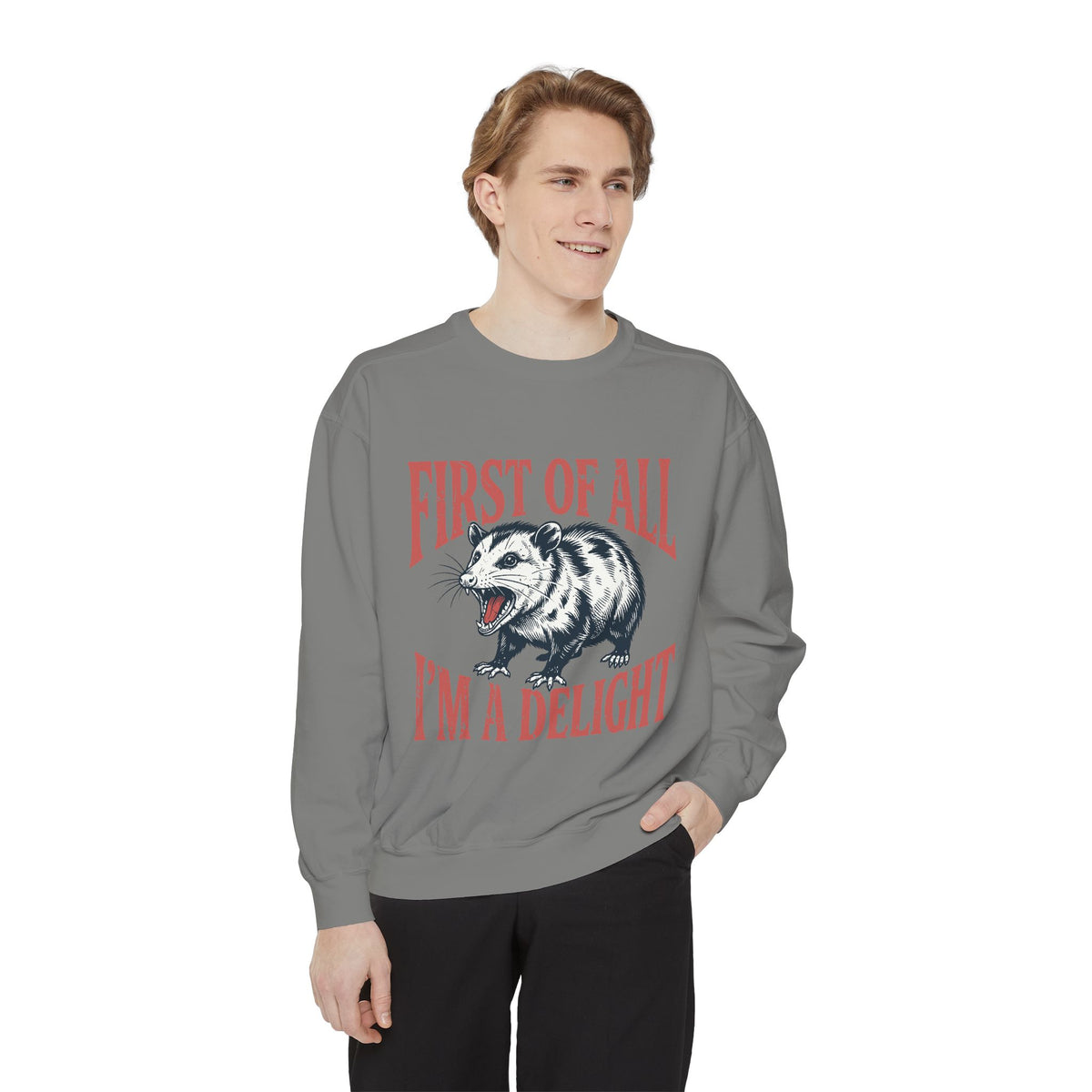 Funny Possum Sweatshirt, First of All I'm a Delight Crewneck, Sarcastic Animal Lover Gift, Vintage Opossum Graphic Cozy Pullover Top