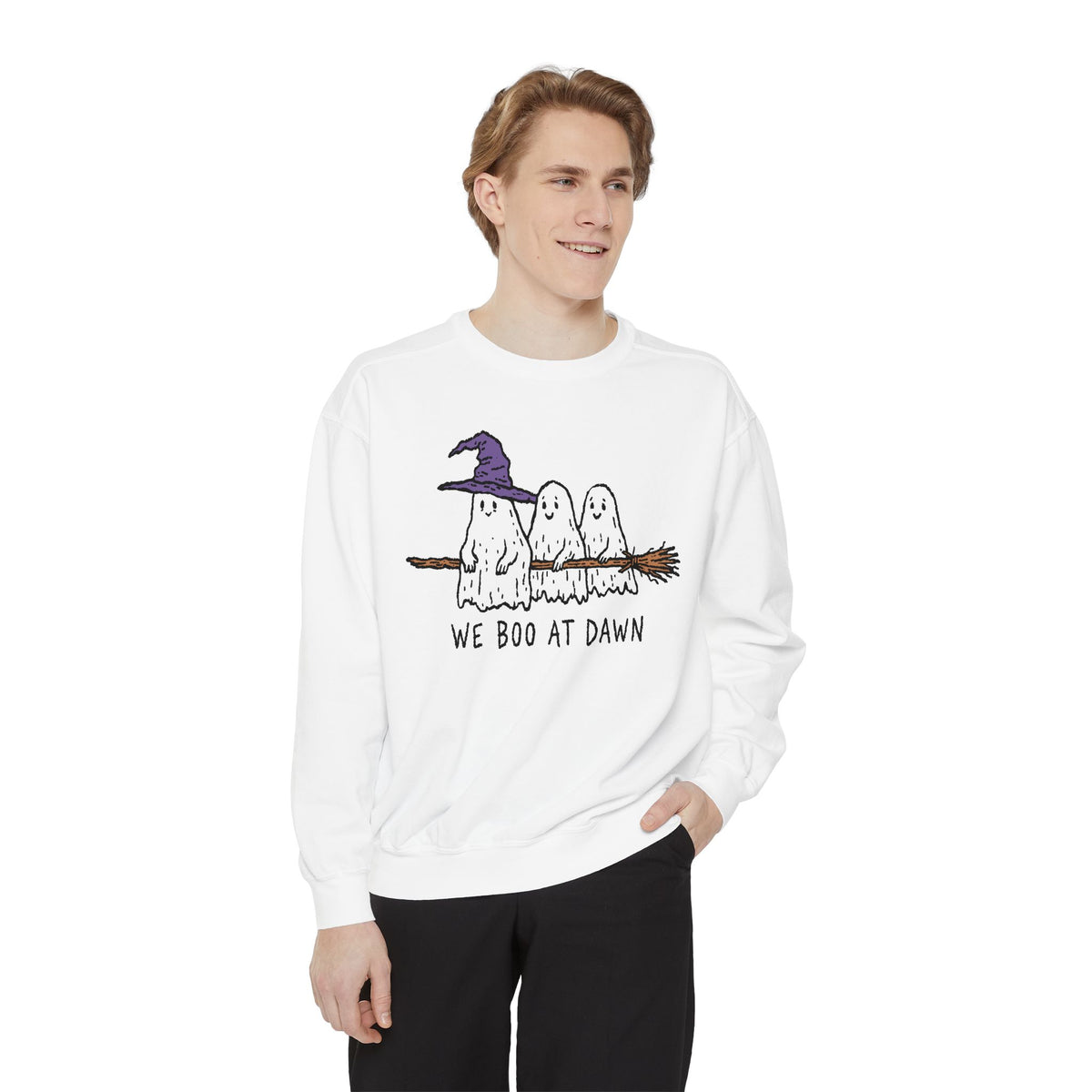 We Boo at Dawn Ghost Sweatshirt, Funny Halloween Witch Broom Pullover, Cute Spooky Season Gift for Friends and Ghost Lovers, October Outfit
