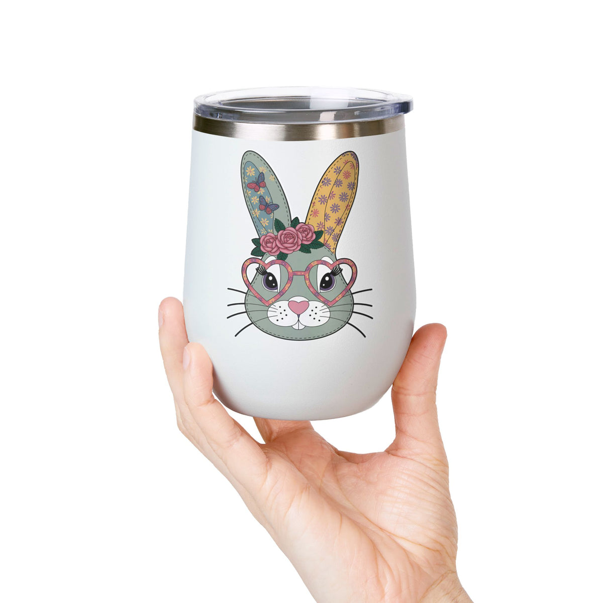 Floral Bunny Wine Tumbler, Cute Rabbit with Heart Glasses, Easter Gift for Her, Whimsical Spring Drinkware, Bunny Lover Gift