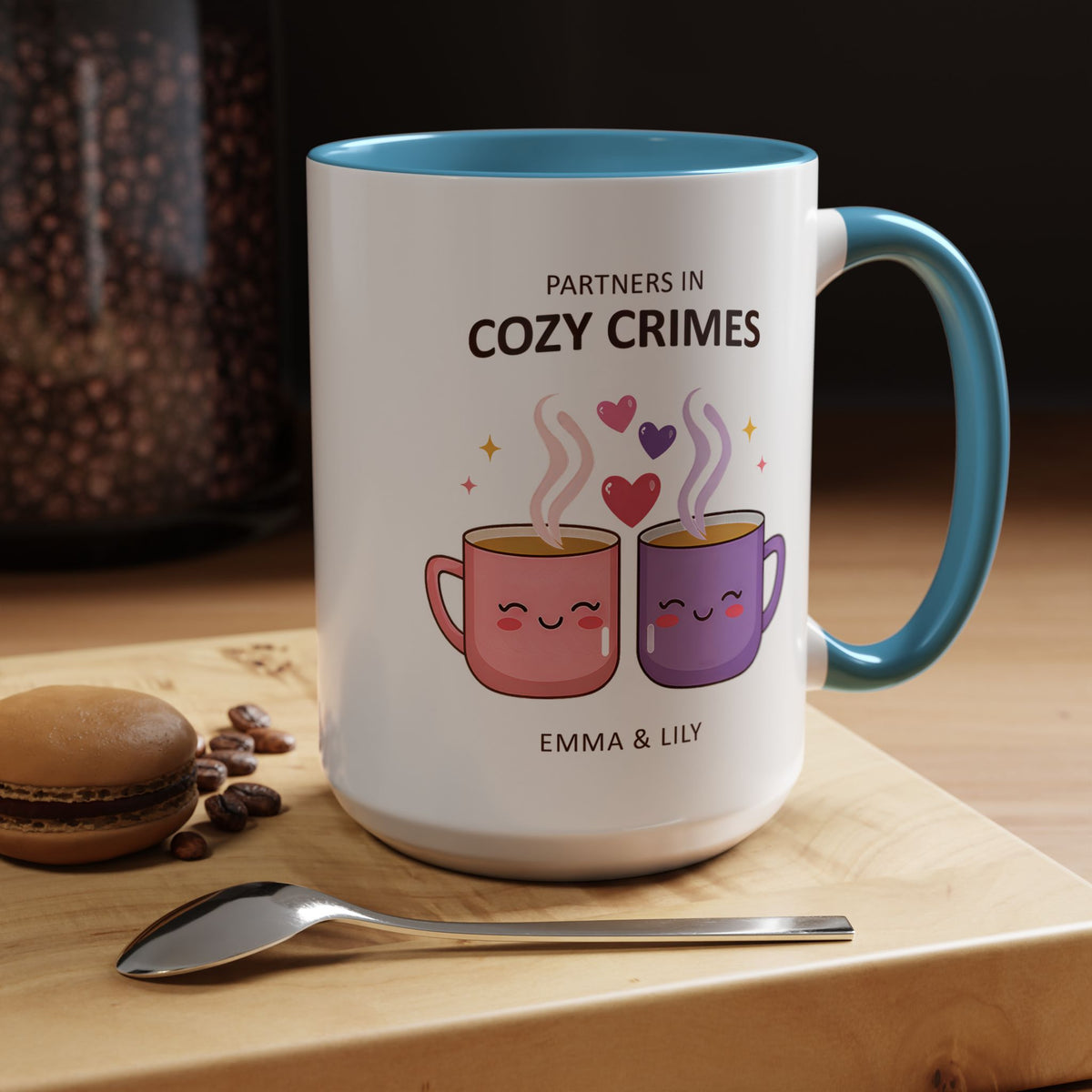Partners in Cozy Crimes Mug, Personalized Best Friend Coffee Mug, Custom Name Friendship Gift for Women