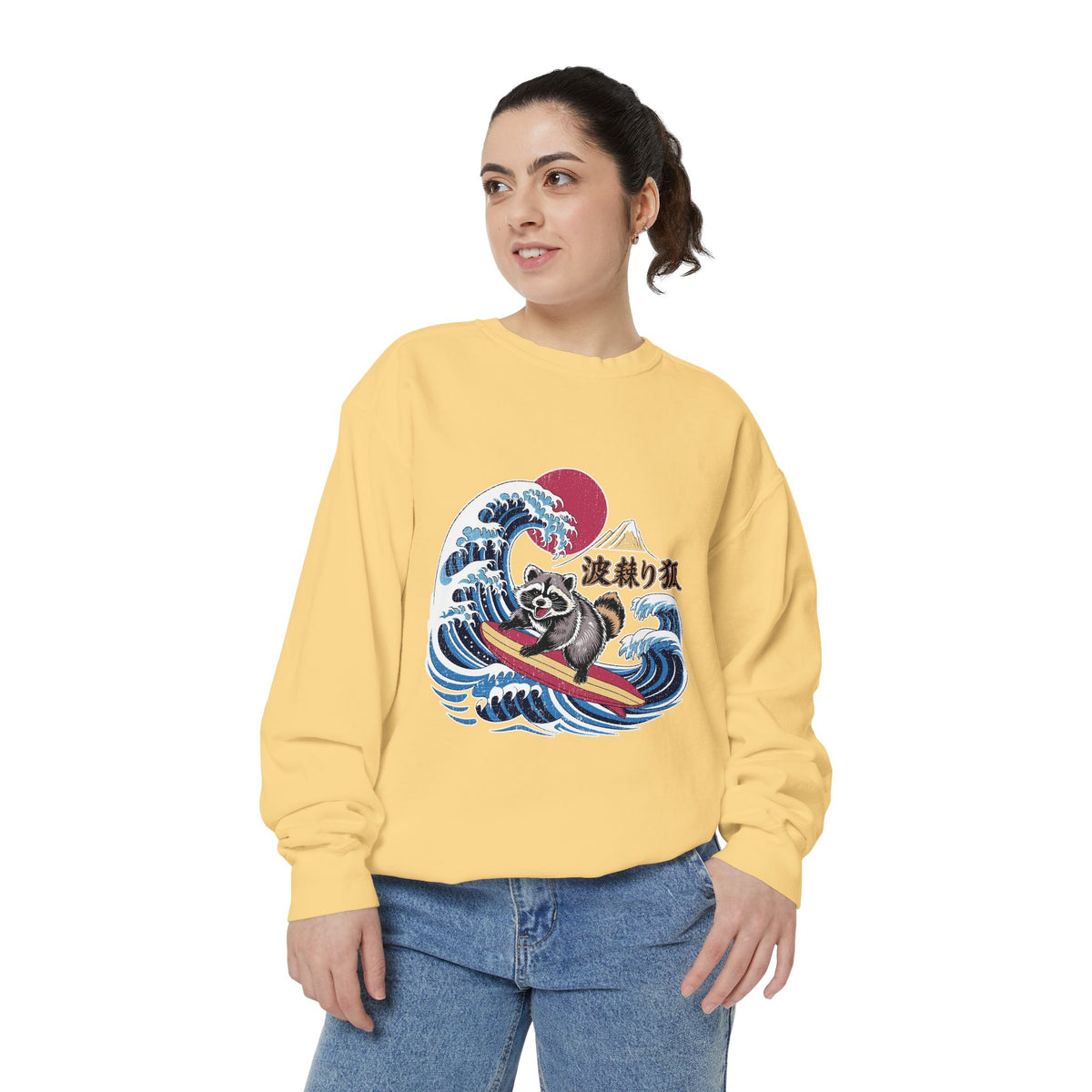 Japanese Surfing Raccoon Sweatshirt, Retro Wave Graphic Crewneck, Funny Animal Surfer Gift, Japan Inspired Beachwear Cozy Pullover