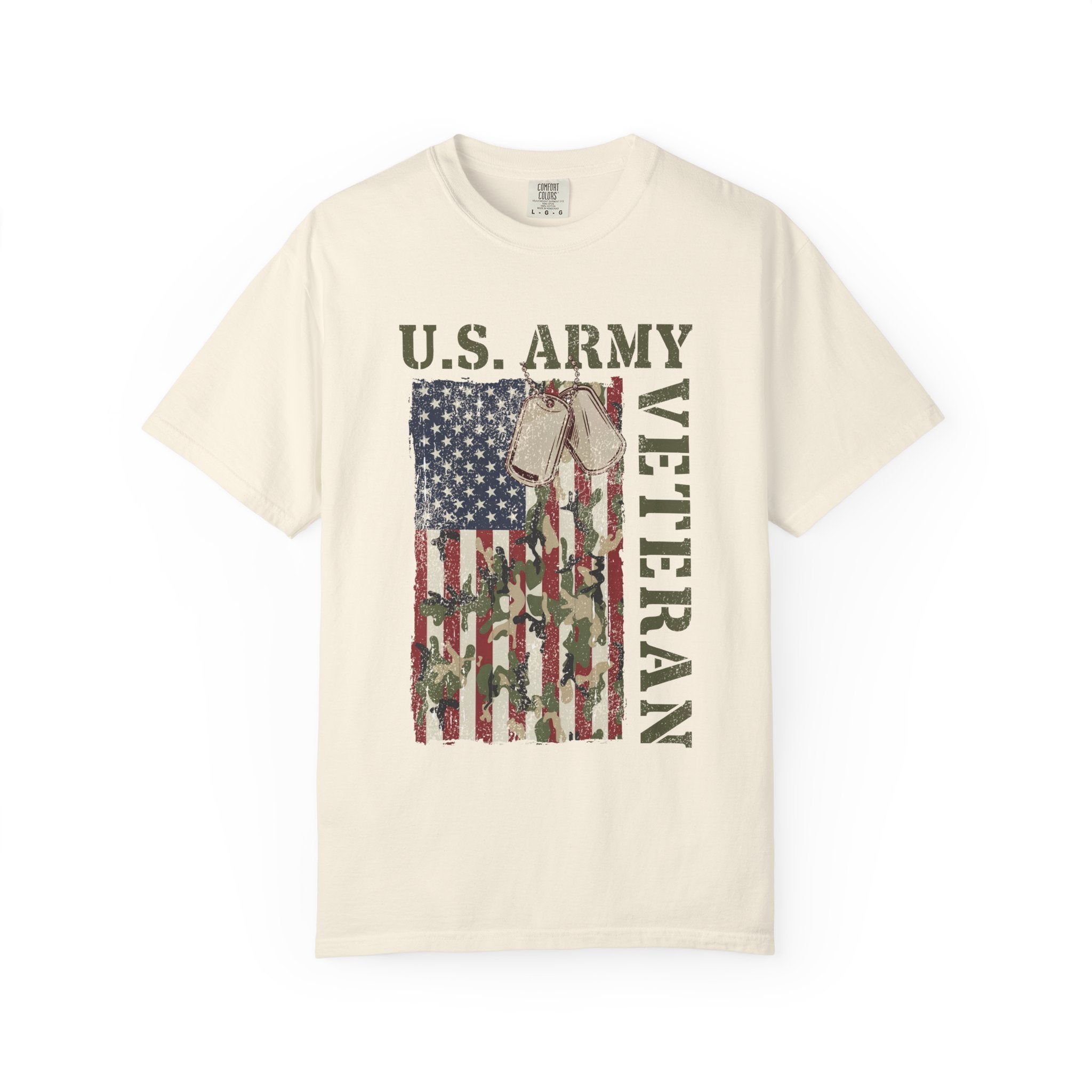 US Army Veteran Shirt, American Flag Camo T-Shirt, Military Dog Tag Tee, Patriotic Gift for Soldier, Retirement or Veterans Day Top