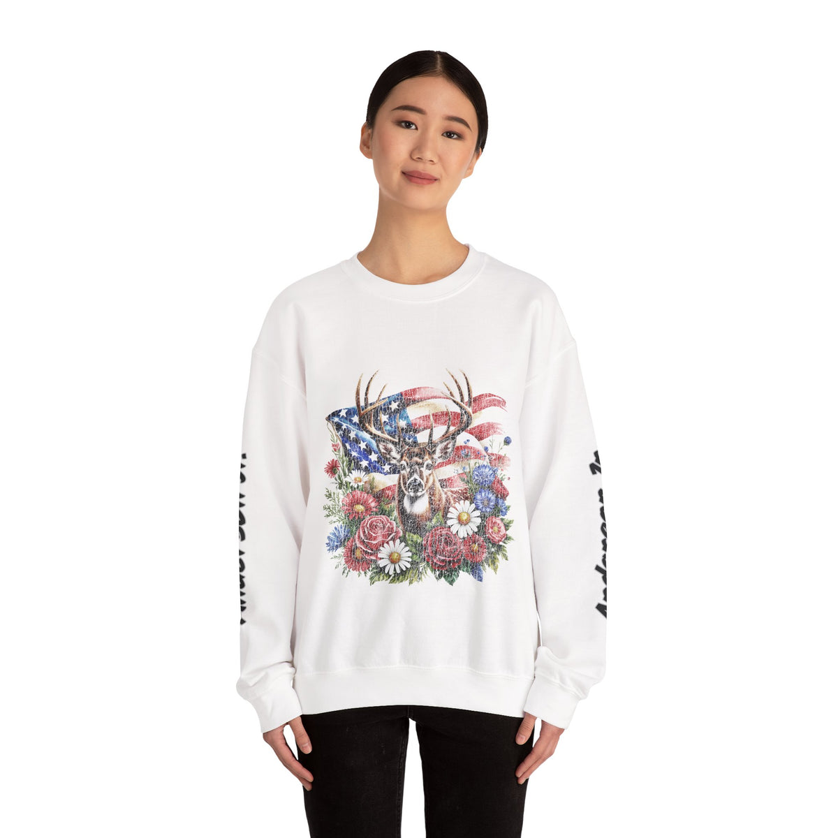 Personalized Hunting Family Sweatshirt, Custom Deer Patriotic Pullover, American Flag Floral Crewneck, Family Gift, Outdoorsman Shirt