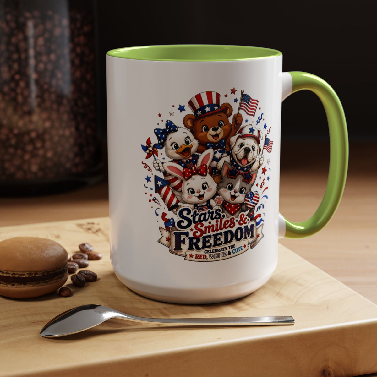 Cute Patriotic Animal Coffee Mug, Fourth of July Mug for Kids and Families, Stars Smiles and Freedom Cup, Independence Day Gift