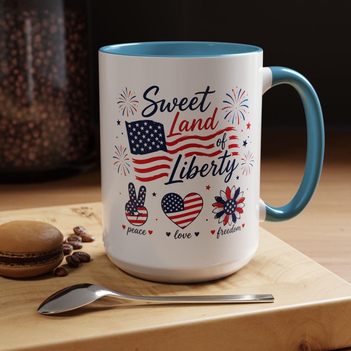 Sweet Land of Liberty Coffee Mug, Patriotic Fourth of July Mug, American Flag Heart Freedom Cup, USA Pride Gift for Women