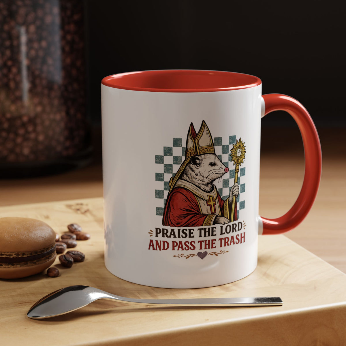Praise the Lord and Pass the Trash Coffee Mug, Funny Opossum Pope Gift for Friends, Sarcastic Christian Possum Ceramic Tea Cup with Black Handle