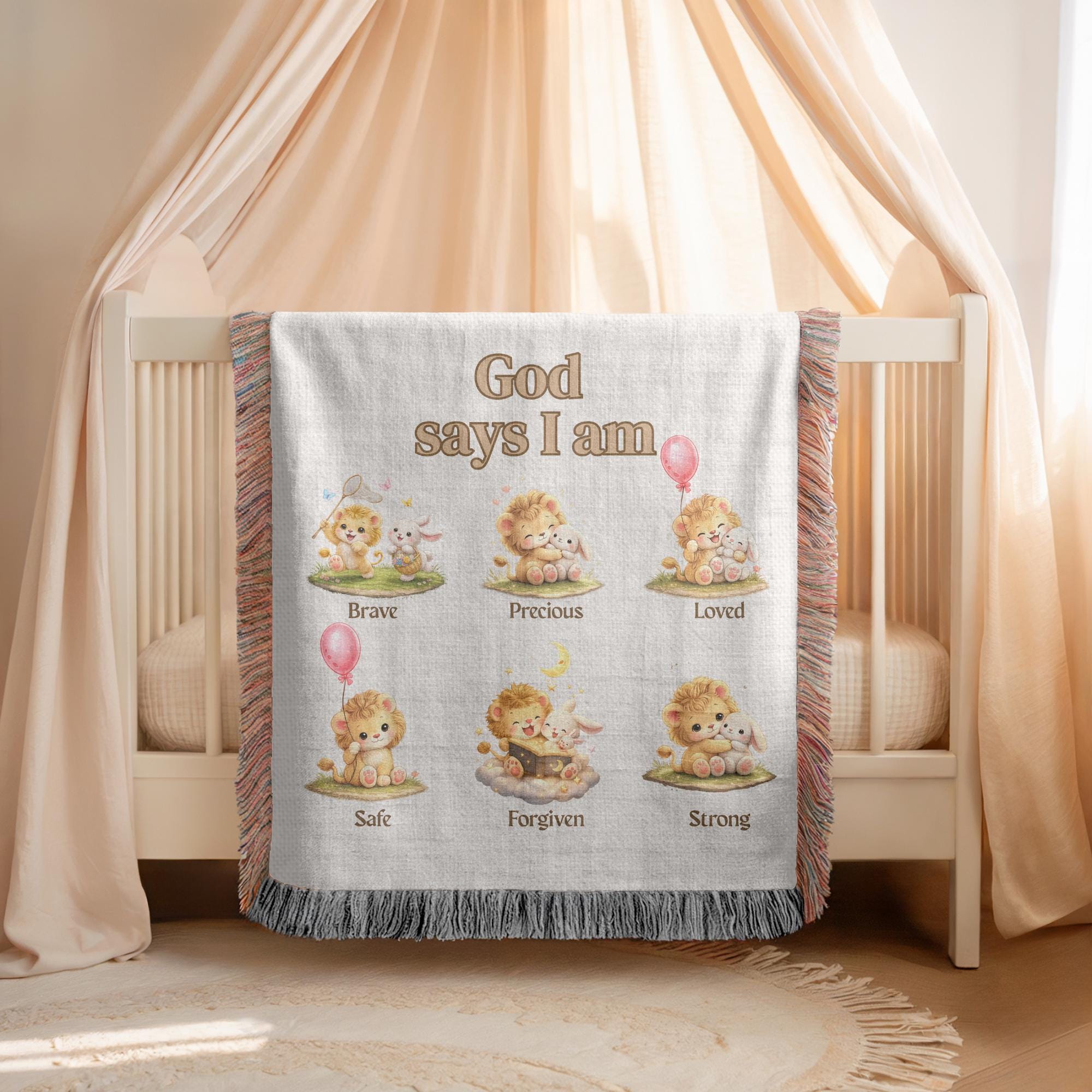 Pale grey fringed woven blanket headed God says I am above six watercolour lion cubs with balloons and a bunny, each labelled Brave, Precious, Loved, Safe, Forgiven and Strong.