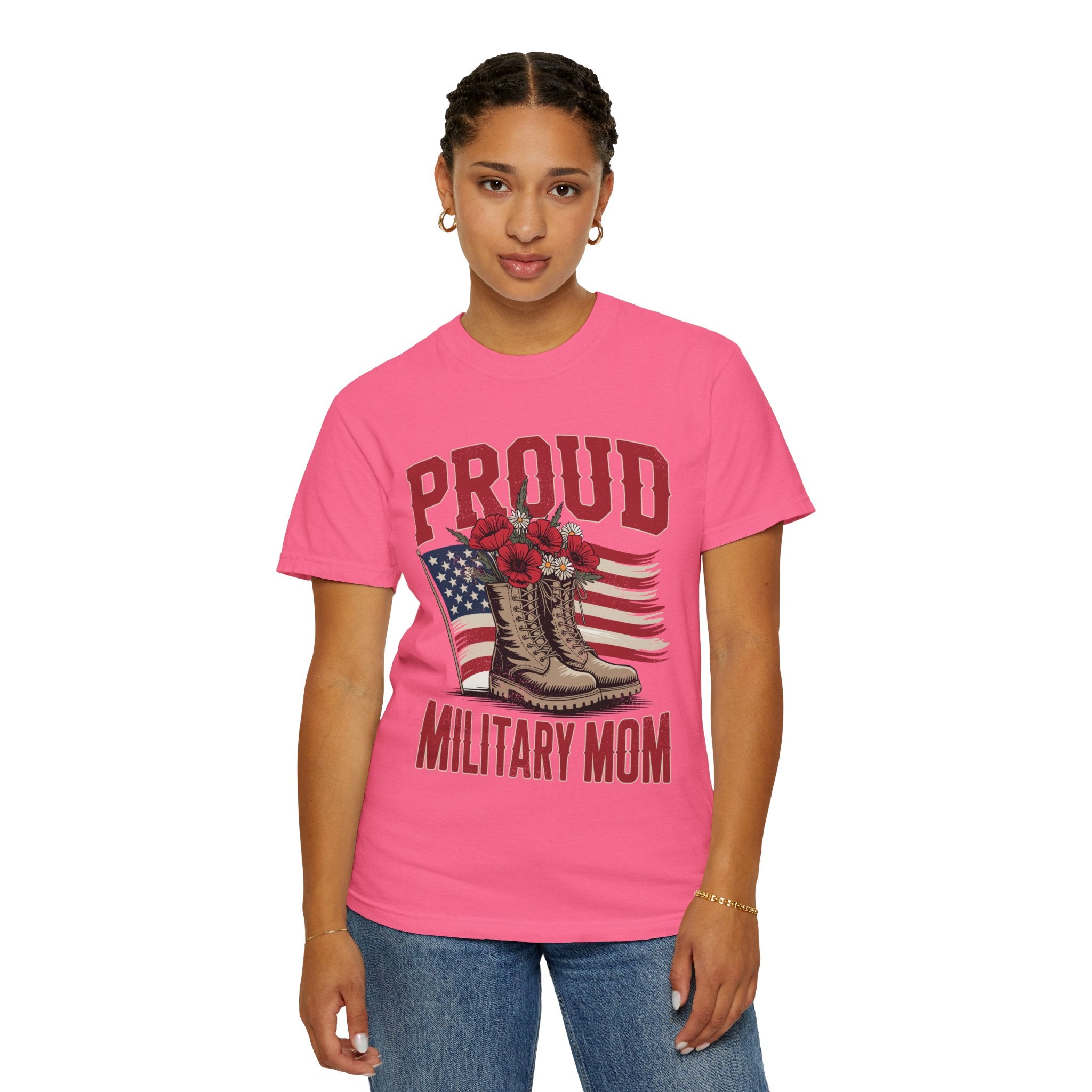 Proud Military Mom Shirt, Patriotic Army Mom T Shirt, Boots and Flowers Graphic Tee, American Flag Family Support Gift