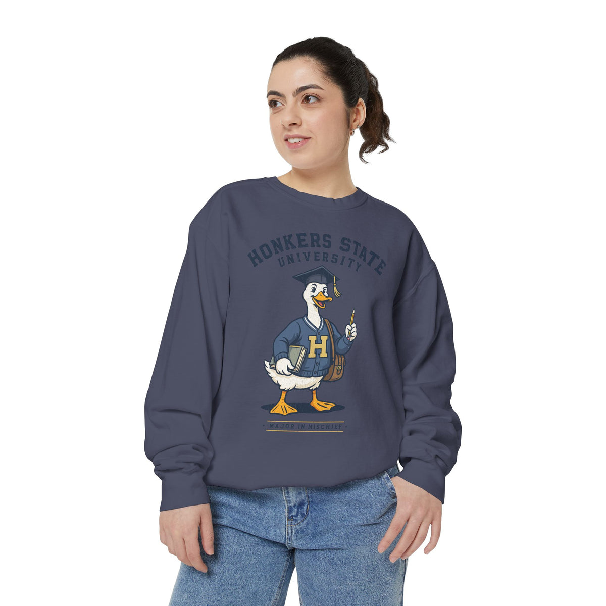 Honkers State University Sweatshirt, Funny Goose Graduate Crewneck, Major in Mischief College Student Gift, Graduation Campus Pullover