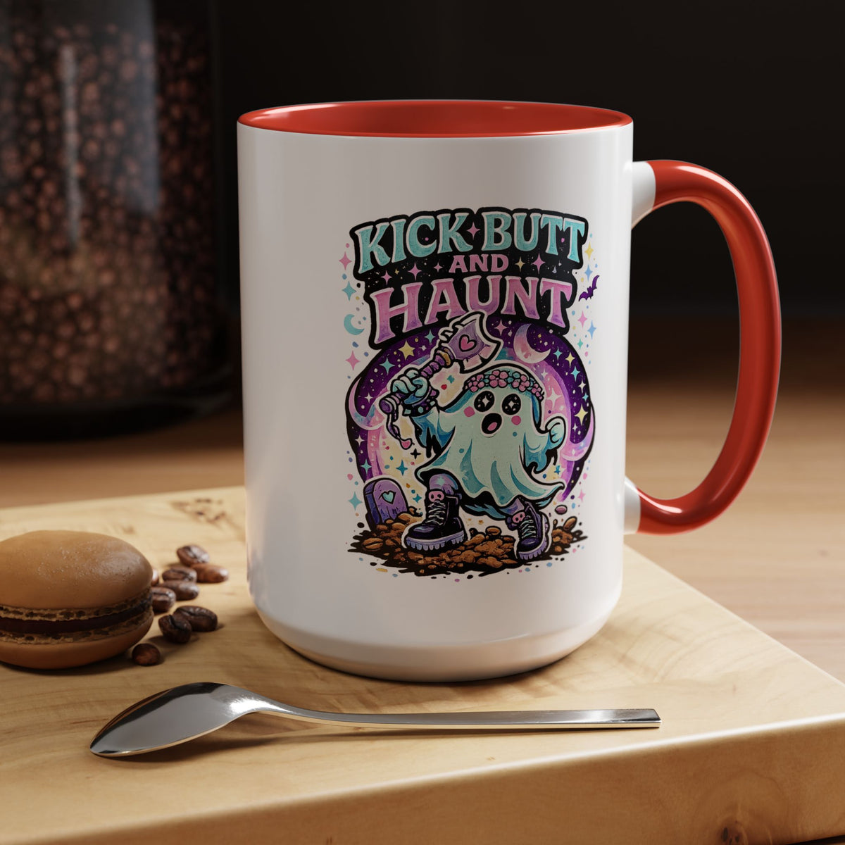 Kick Butt and Haunt Mug, Cute Pastel Ghost Black Accent Coffee Cup, Unique Funny Halloween Gift for Her, Spooky Bestie or Pastel Goth