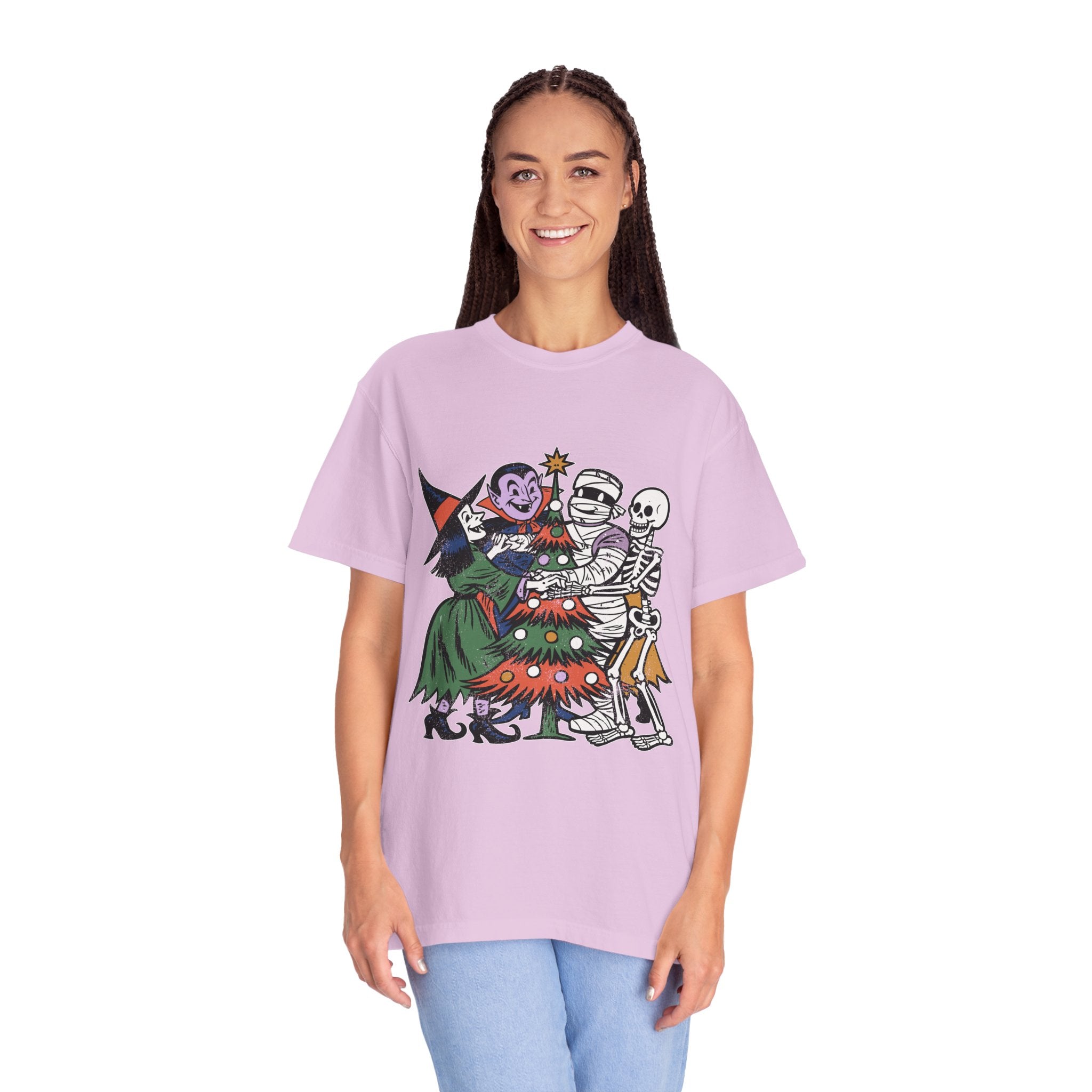 Spooky Christmas Shirt, Halloween Holiday Mashup T-Shirt, Witch Vampire Mummy and Skeleton Tree Tee, Gothic Christmas Gift for Horror Fan