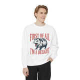 Funny Possum Sweatshirt, First of All I'm a Delight Crewneck, Sarcastic Animal Lover Gift, Vintage Opossum Graphic Cozy Pullover Top