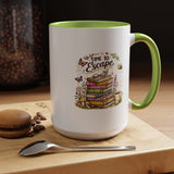 Book Lover Coffee Mug, Time to Escape Black Accent Cup with Books and Tea, Unique Cozy Gift for Reader, Librarian, Teacher or Bookworm
