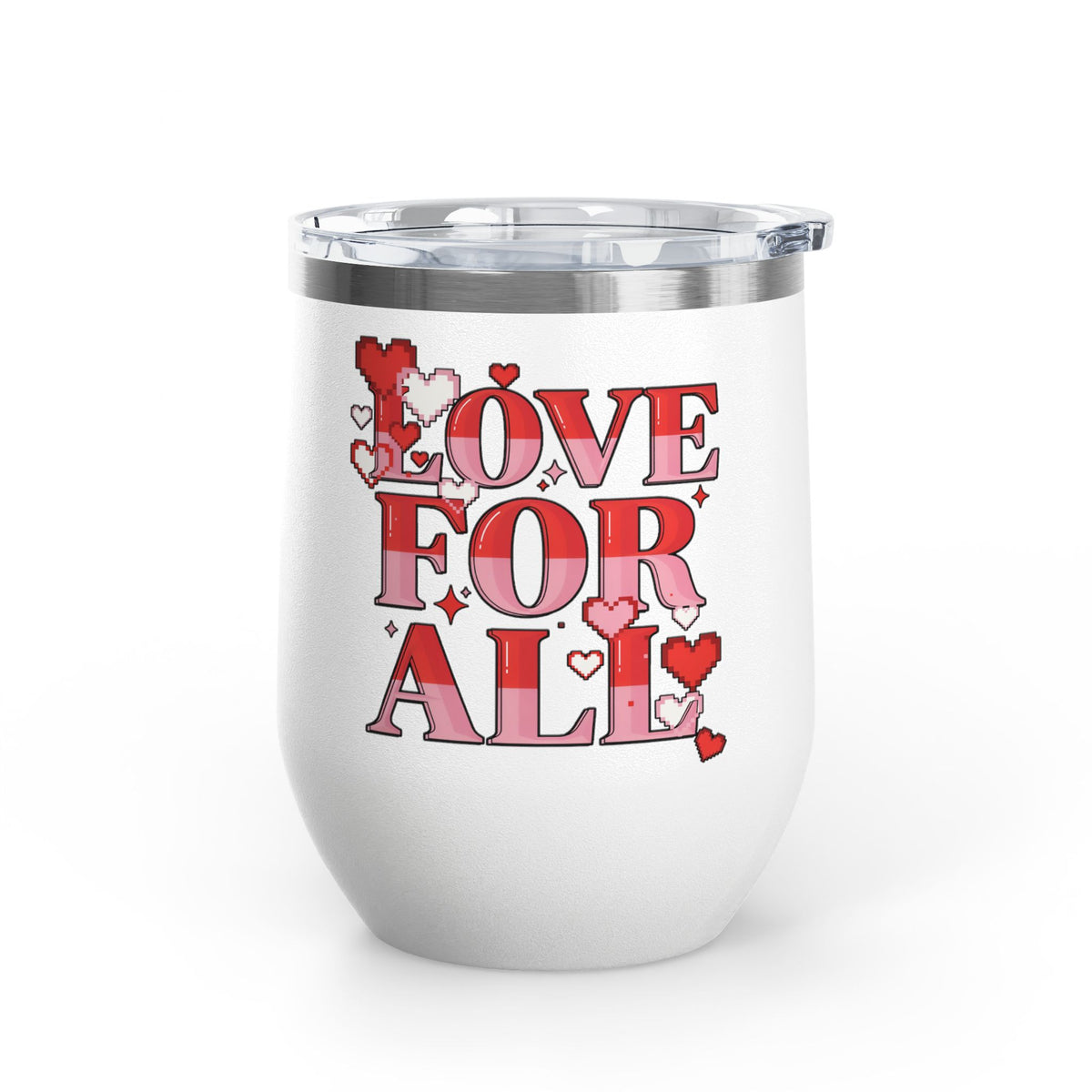 Love for All Wine Tumbler, Retro Pixel Heart Drinkware, Cute Valentine Gift for Her, Romantic Anniversary Present, Colorful Love Cup