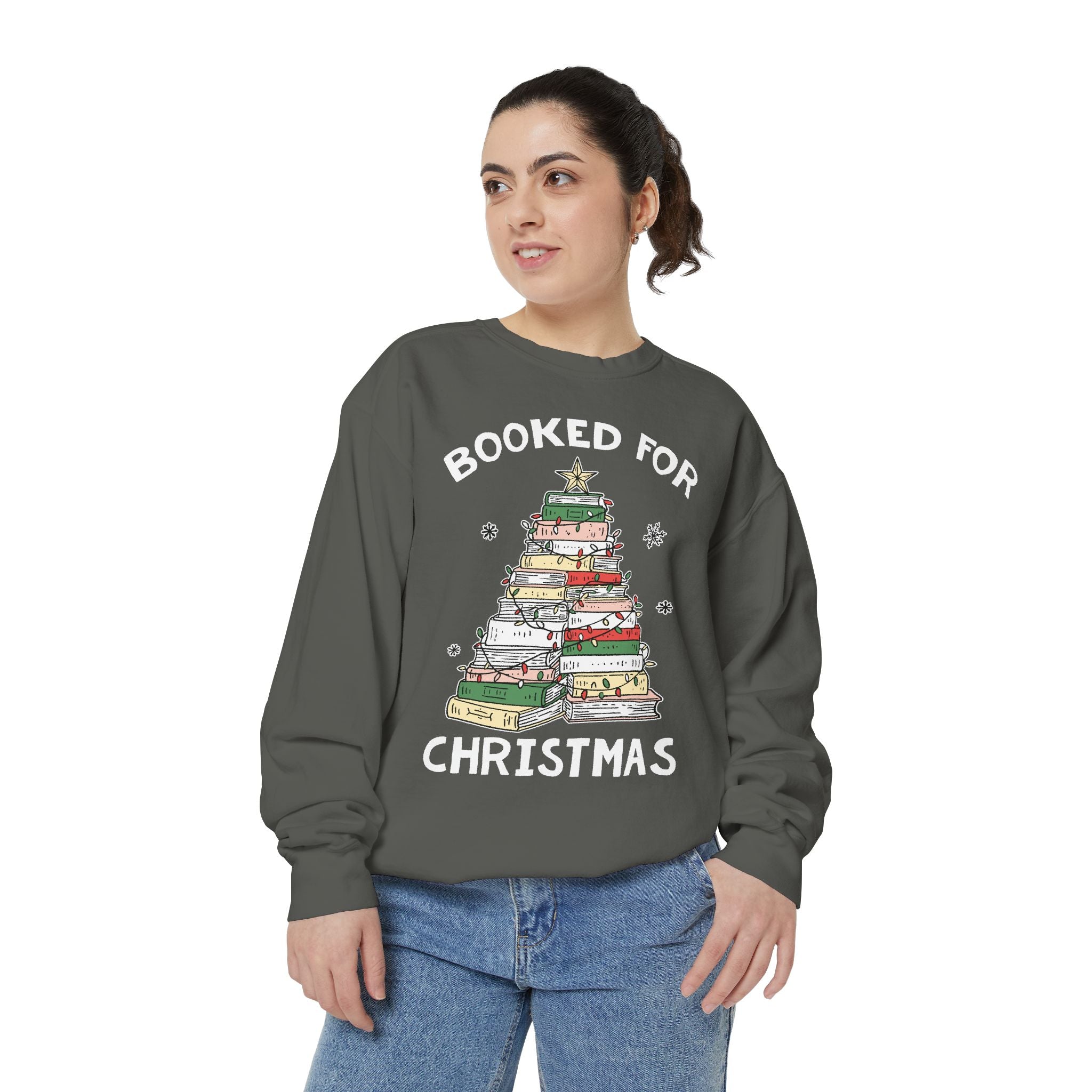 Booked for Christmas Sweatshirt, Book Lover Holiday Crewneck, Christmas Tree Books Pullover, Cozy Reading Gift for Librarian or Bookworm