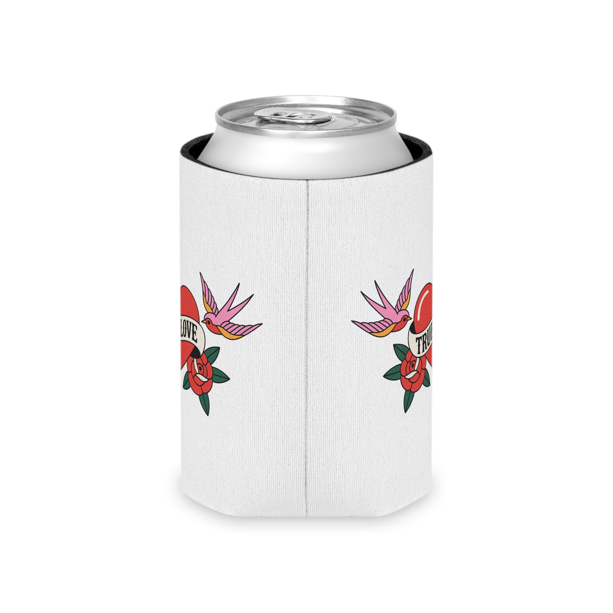 True Love Can Cooler, Vintage Heart and Roses Drink Sleeve, Romantic Valentine's Day Gift, Retro Tattoo Style Gift for Couples