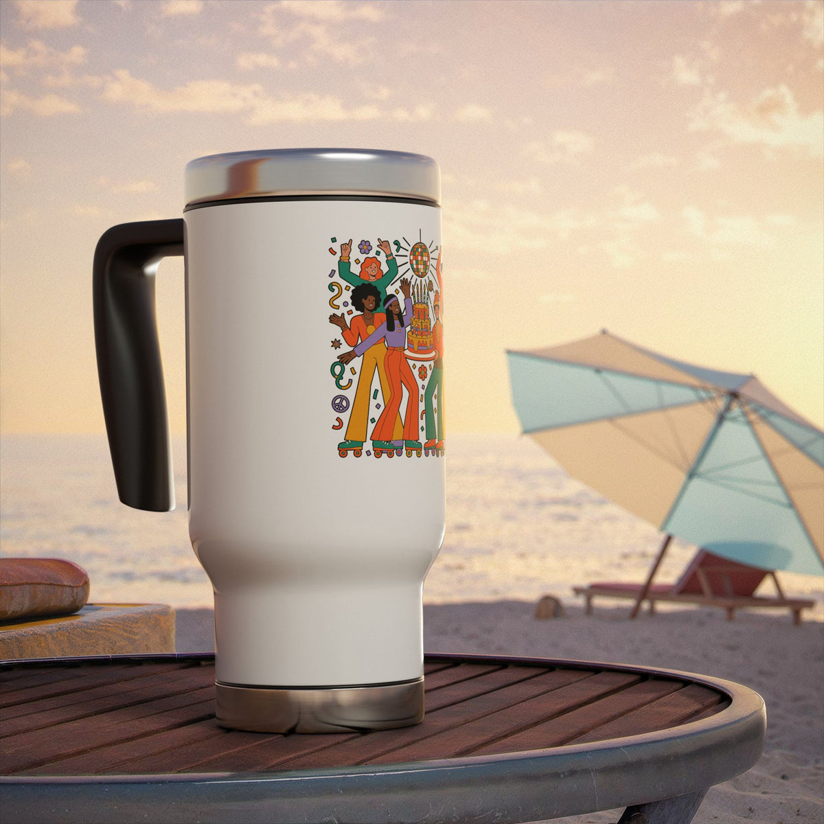 Retro Disco Birthday Travel Mug with Handle, 70s Roller Skating Party Design, Groovy Coffee Lover Gift for a Friend Who Loves Vintage Style