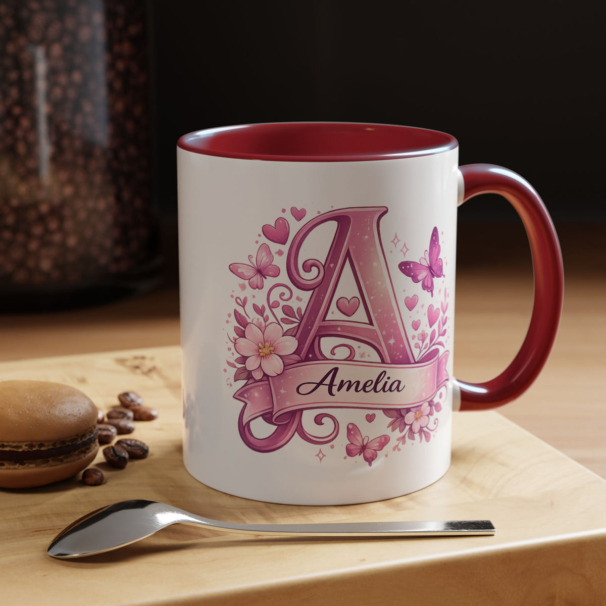 Personalized Butterfly Initial Mug, Custom Name Coffee Mug for Girls and Women, Floral Monogram Cup, Pink Aesthetic Gift, Custom Letter Mug