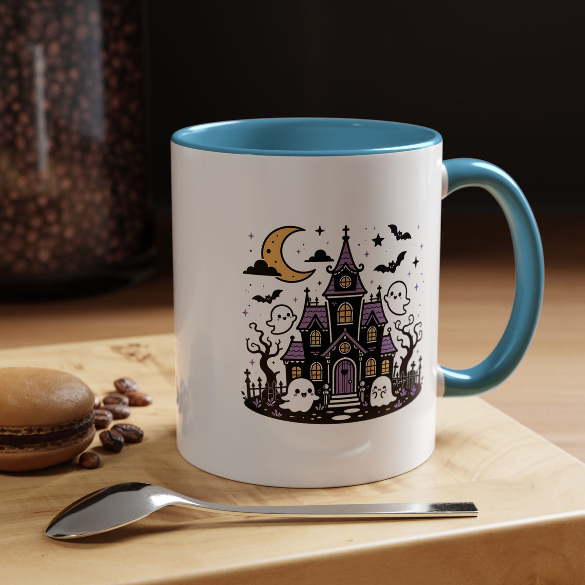 Cute Haunted House Mug, Kawaii Ghost Halloween Coffee Cup, Spooky Season Gift for Her, Purple Witchy Decor, Cozy Fall Birthday Present