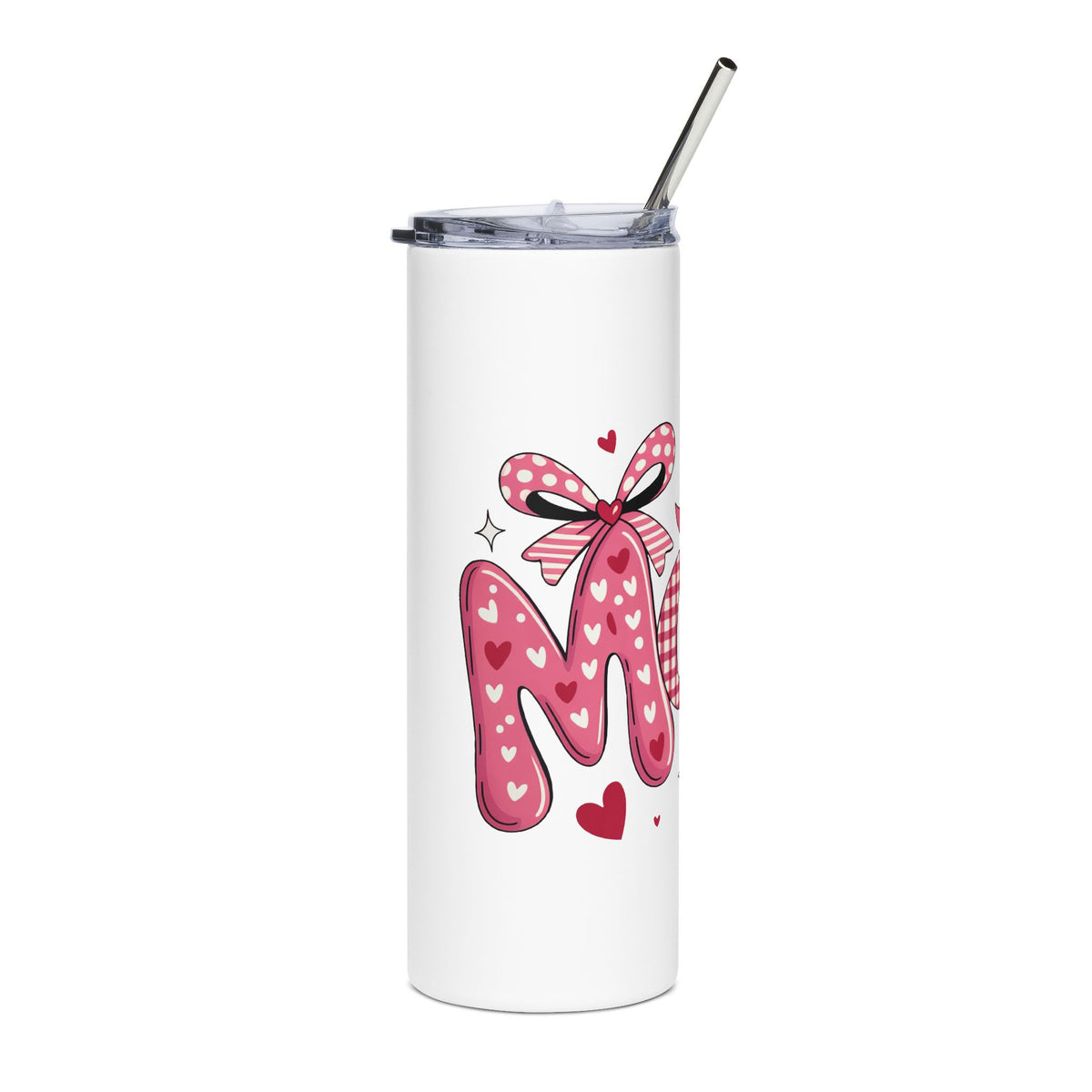 Love Mom Skinny Tumbler, Pink Heart Drink Cup, Cute Gift for Her, Girlfriend Gift, Everyday Travel Cup