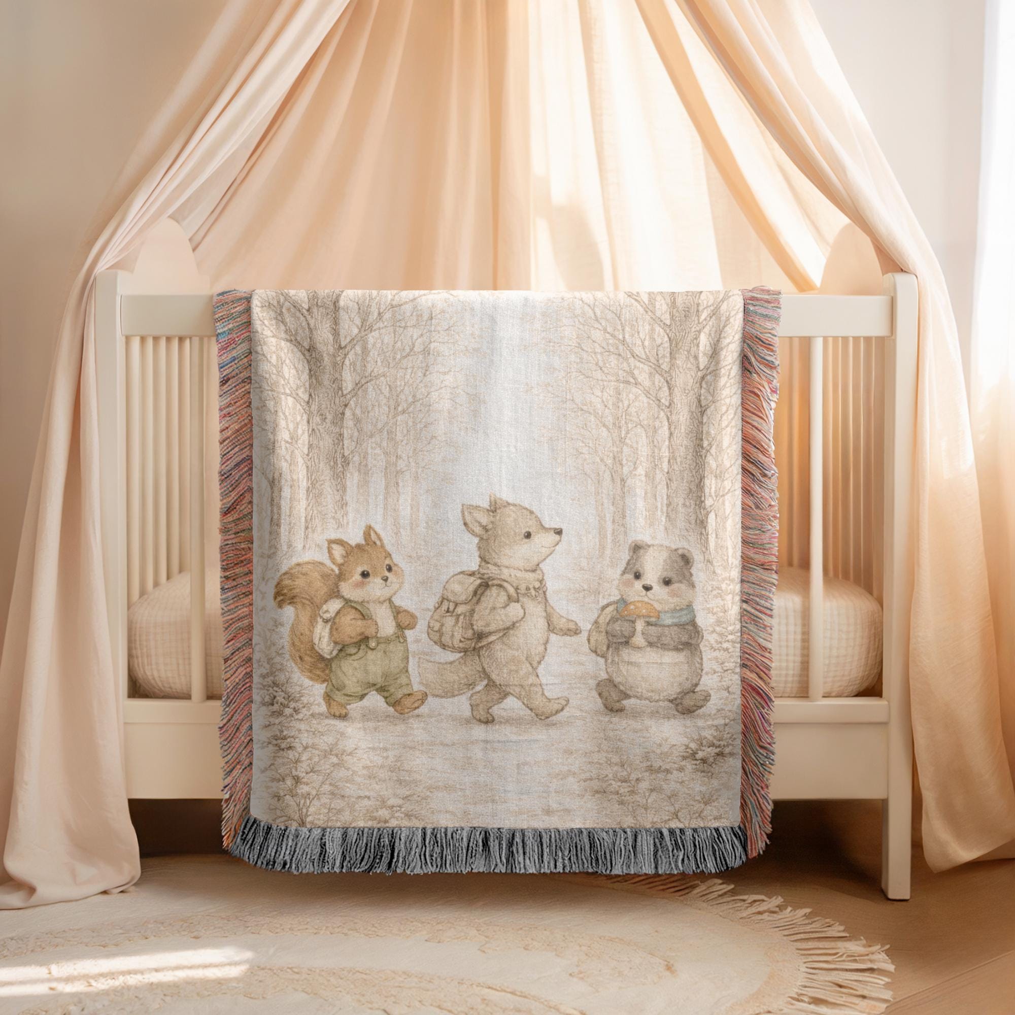 Woodland Friends Woven Blanket Forest Animal Nursery Decor Bear Fox Squirrel Kids Blanket Baby Shower Gift