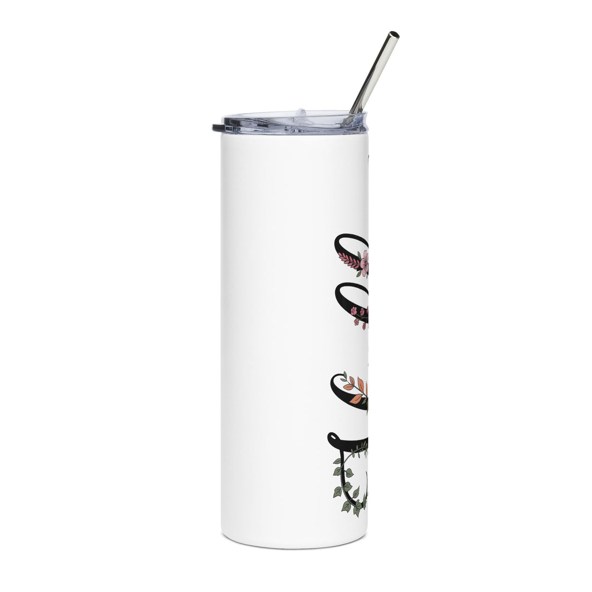 Floral Script Skinny Tumbler, Elegant Flower Drink Cup, Feminine Botanical Tumbler, Gift for Her, Birthday Gift, Teacher Gift, Coffee Cup