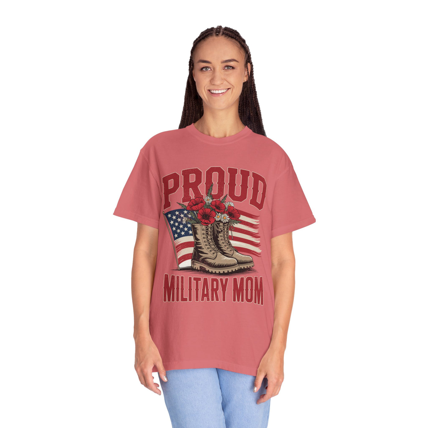Proud Military Mom Shirt, Patriotic Army Mom T Shirt, Boots and Flowers Graphic Tee, American Flag Family Support Gift
