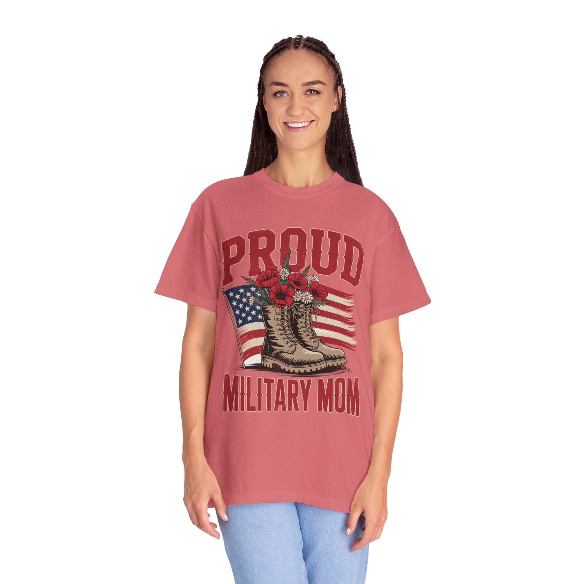 Proud Military Mom Shirt, Patriotic Army Mom T Shirt, Boots and Flowers Graphic Tee, American Flag Family Support Gift