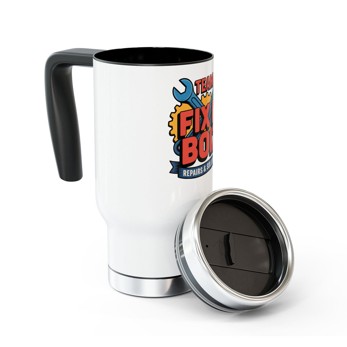 Mechanic Travel Mug with Handle, Team Fix It Boiz Wrench and Gear Design, Workshop Coffee Gift for a Handyman, Dad or Repair Crew Coworker