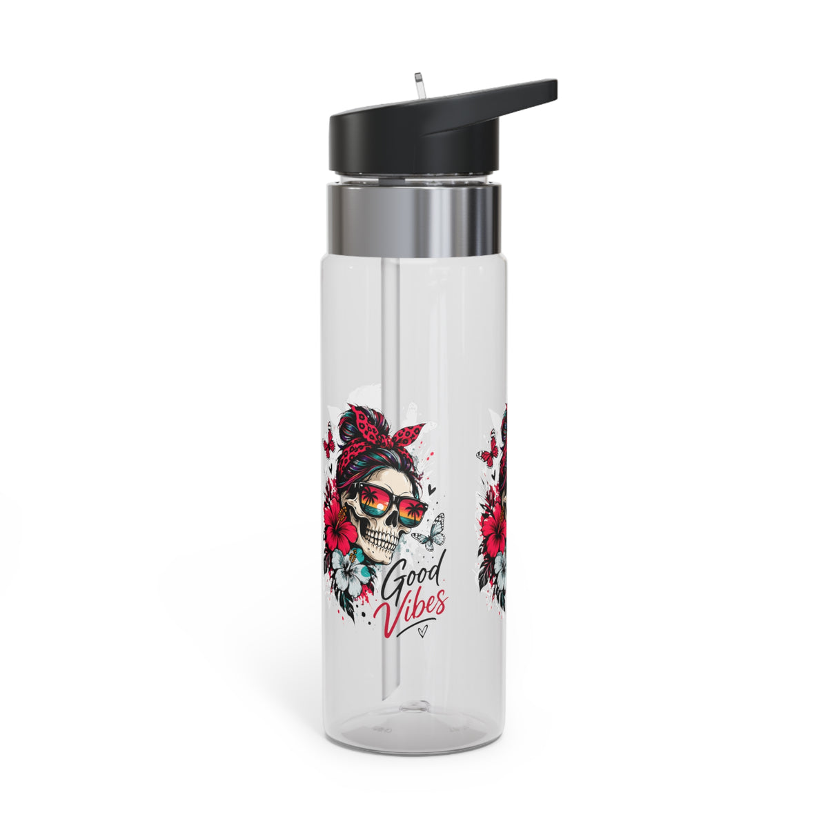 Good Vibes Water Bottle for Women, Tropical Skull Floral Drink Bottle, Retro Beach Lover Gift, Colorful Summer Gift for Her