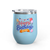 Happy Birthday to You Wine Tumbler, Pink and Blue Balloons with Party Bunting, Colorful Drinkware Gift for a Sister or Best Friend's Party
