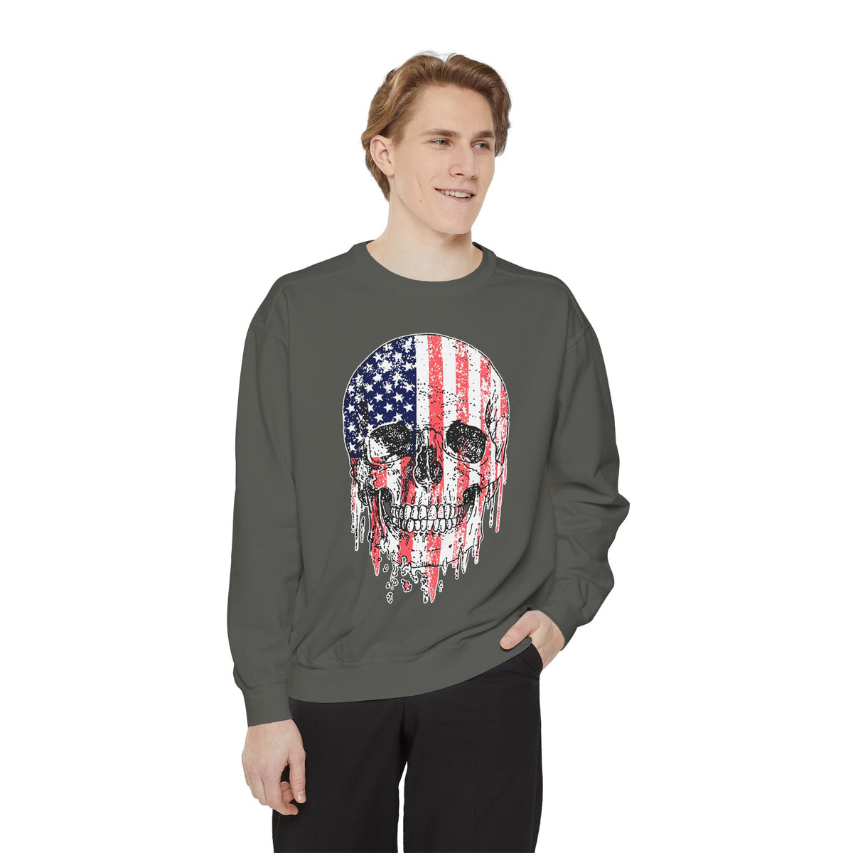 American Flag Skull Sweatshirt, Distressed Patriotic Graphic for Biker Outfits, Fourth of July Style, Birthday Gift for Skull Art Lovers