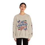 All American Girl Sweatshirt, Patriotic Womens Pullover, USA Flag Cherry Top, Vintage Americana Style, Fourth of July Gift
