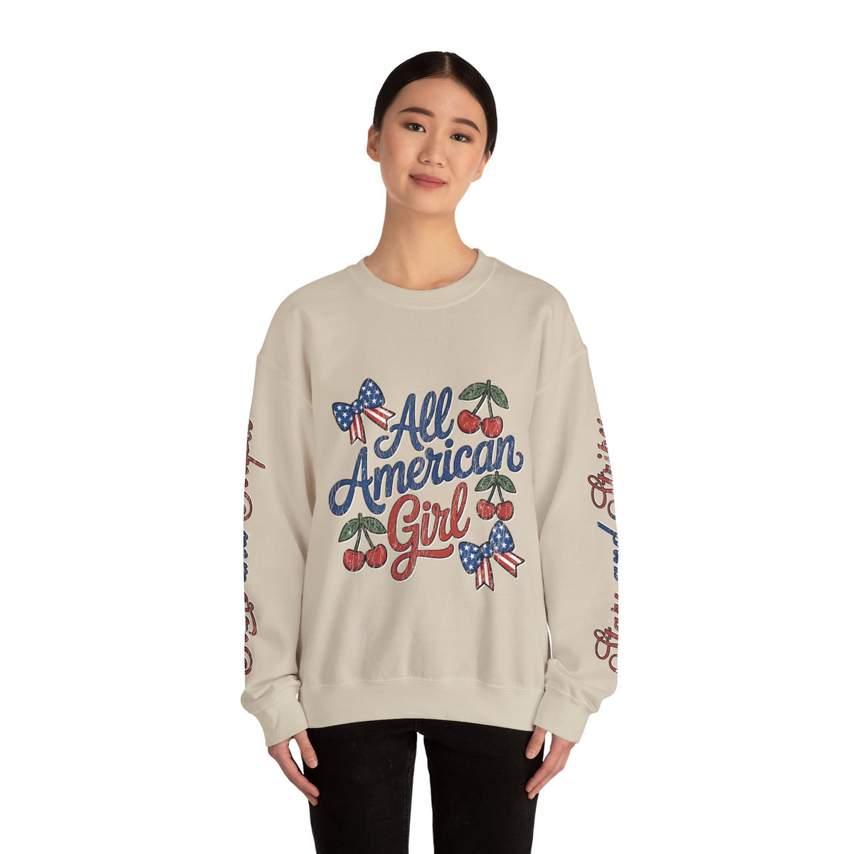 All American Girl Sweatshirt, Patriotic Womens Pullover, USA Flag Cherry Top, Vintage Americana Style, Fourth of July Gift