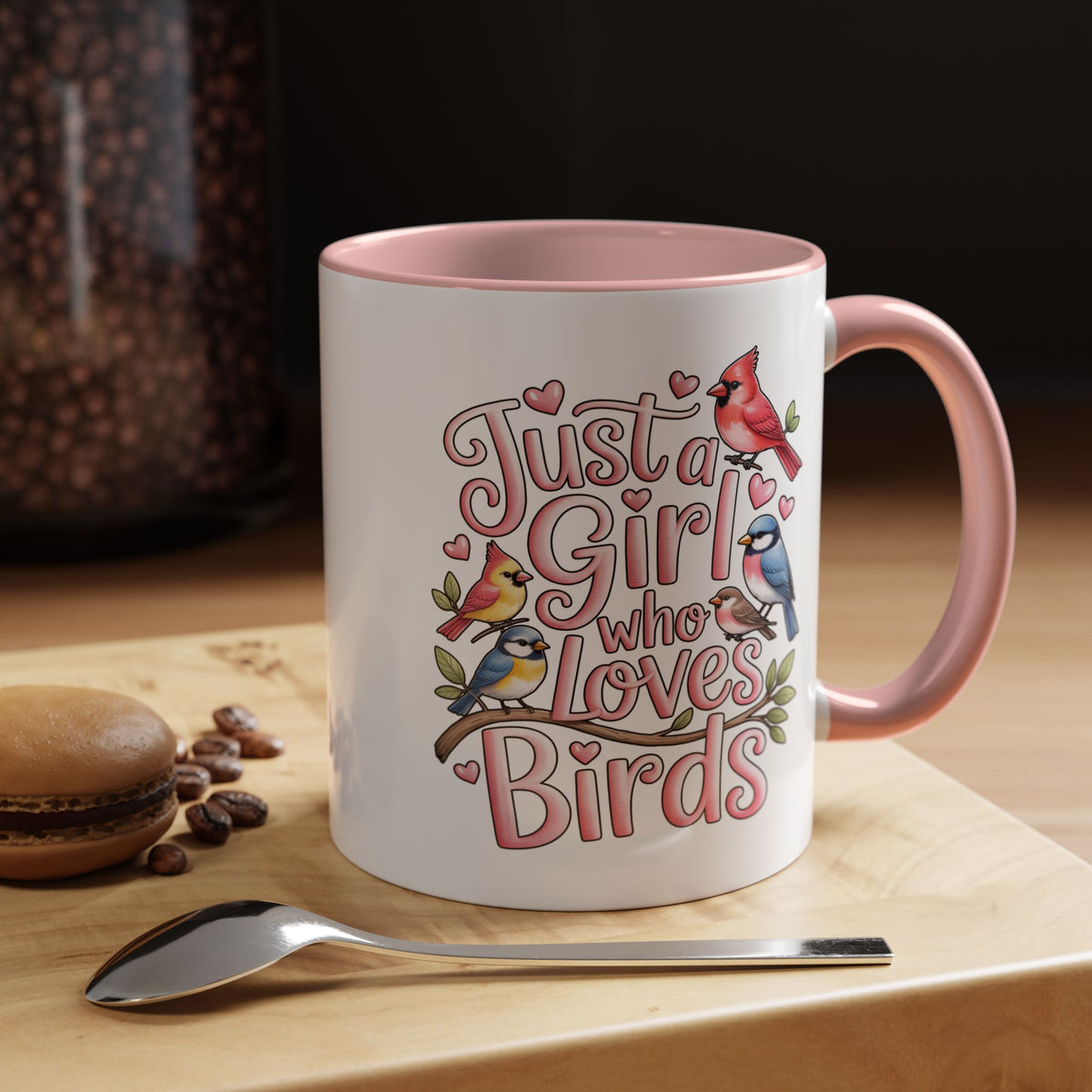 Bird Lover Coffee Mug, Just a Girl Who Loves Birds Quote, Pink Lettering and Garden Songbird Design, Birthday Gift for a Birdwatching Friend