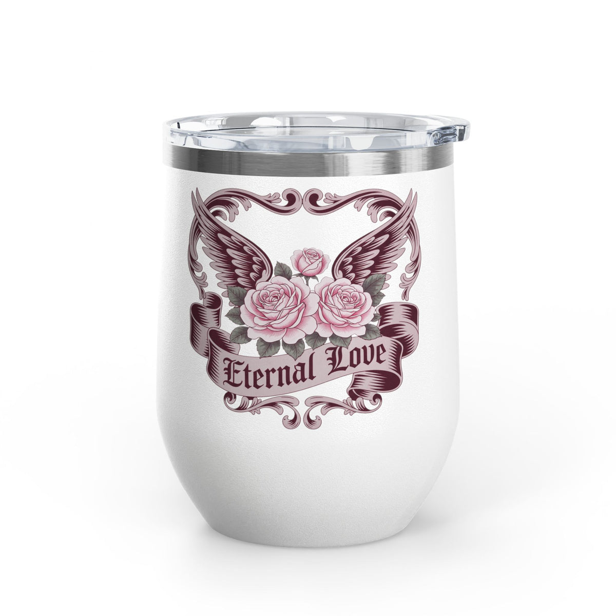 Eternal Love Wine Tumbler, Gothic Rose and Angel Wings Design, Romantic Anniversary Gift for Her, Vintage Tattoo Style Drinkware