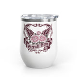 Eternal Love Wine Tumbler, Gothic Rose and Angel Wings Design, Romantic Anniversary Gift for Her, Vintage Tattoo Style Drinkware