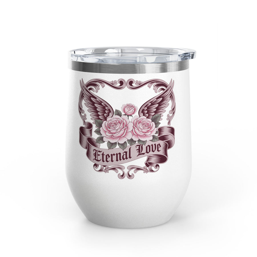 A white stainless steel stemless wine tumbler with a clear push-on lid, printed with pink roses in front of dark burgundy wings, framed by ornate vintage scrollwork, above a banner reading "Eternal Love".