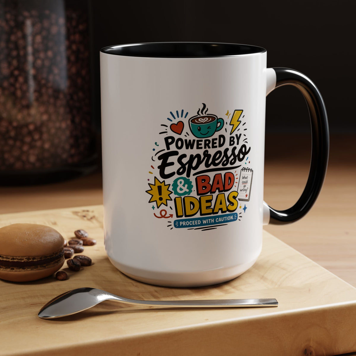 Powered by Espresso Mug, Funny Coffee Lover Cup, Bad Ideas Quote Gift for Coworker, Caffeine Addict Present, Office Humor Drinkware