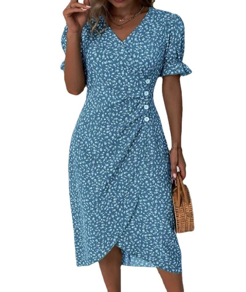 European and American Summer New Womens Vacation Leisure Flower Irregular Bottom V Neck Dress