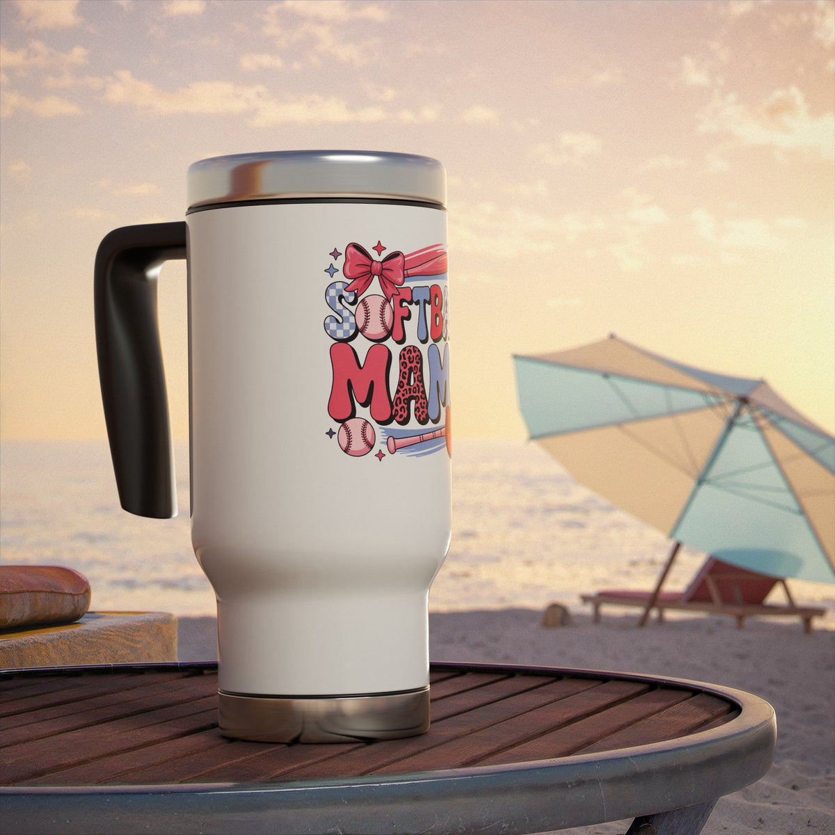 Softball Mama Travel Mug, Pink Baseball Mom Stainless Steel Cup, Cute Sports Mom Gift, Game Day Drinkware, Softball Season Gift for Women