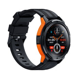 C25 rugged sport smartwatch with black and orange case, angled view showing heart rate and weather