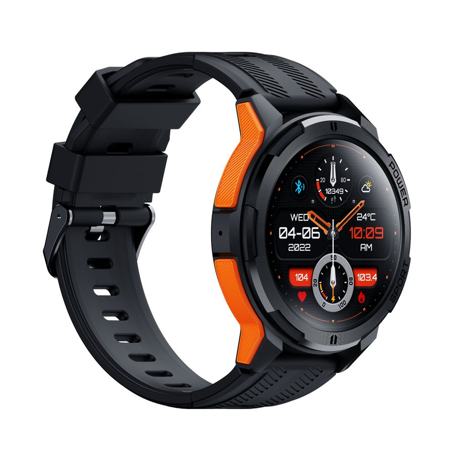 C25 rugged sport smartwatch with black and orange case, angled view showing heart rate and weather