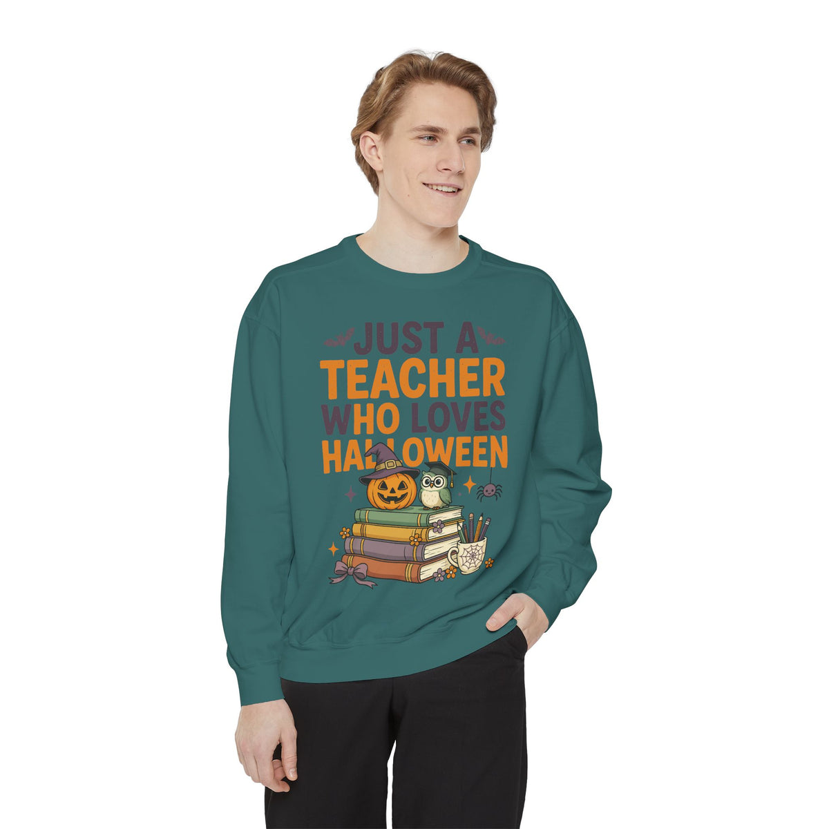 Teacher Halloween Sweatshirt, Just a Teacher Who Loves Halloween Crewneck, Spooky Classroom Shirt, Educator Gift, Cute Fall School Outfit