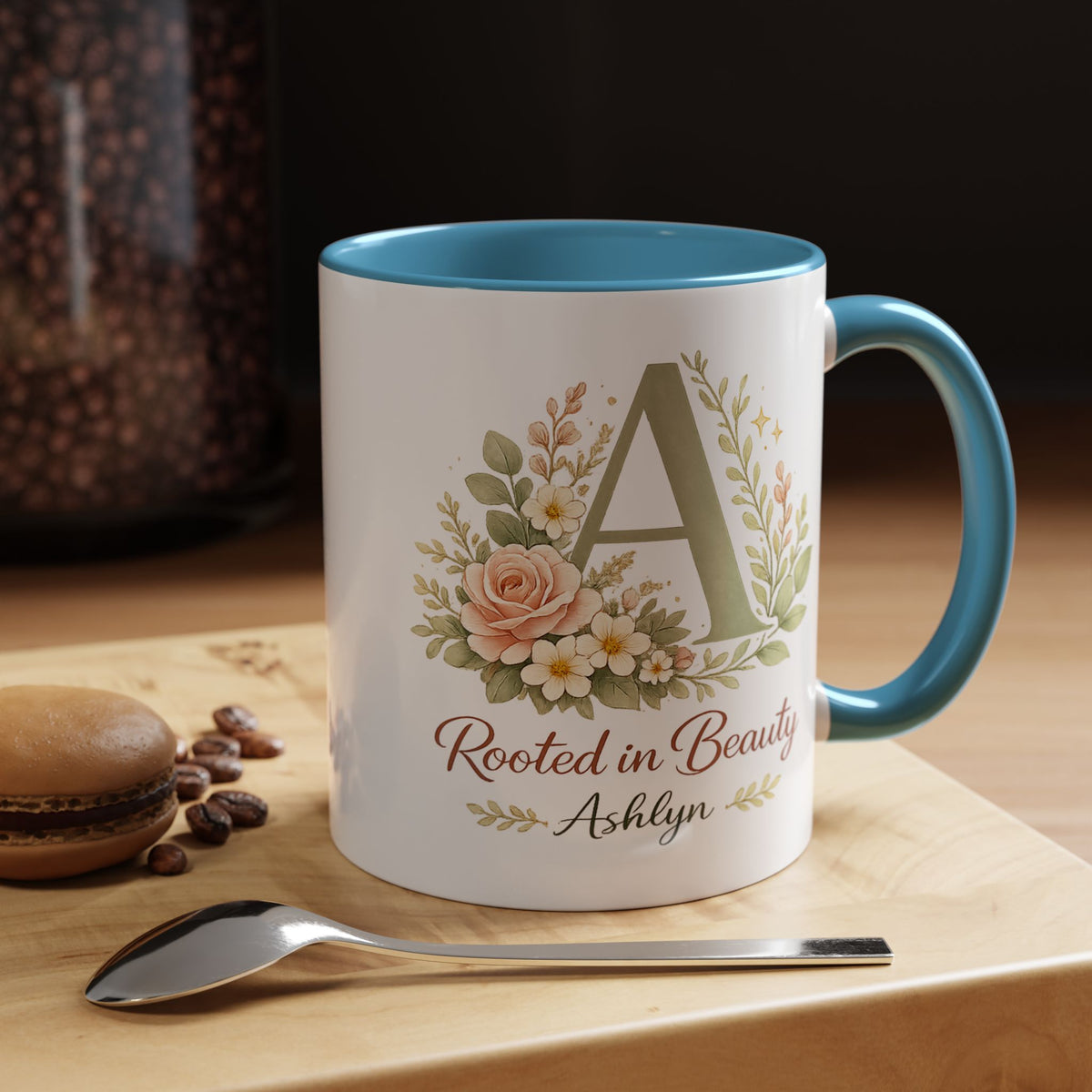 Personalized Floral Initial Mug, Custom Name Coffee Mug with Monogram Letter, Rooted in Beauty Gift for Women, Botanical Birthday Cup