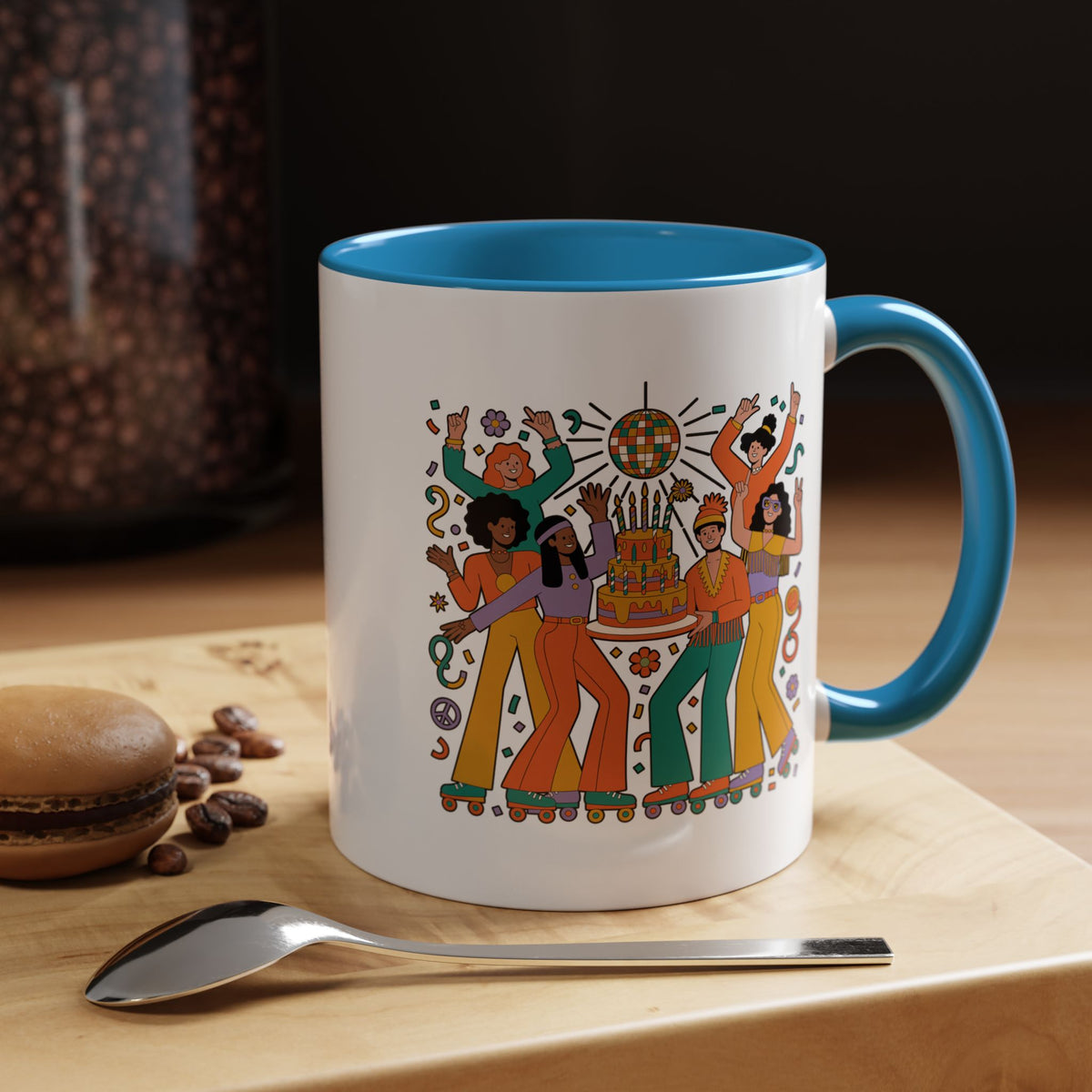 Retro Disco Birthday Coffee Mug, 70s Roller Skating Party Design, Groovy Gift for a Skater Friend Who Loves Colorful Nostalgic Drinkware
